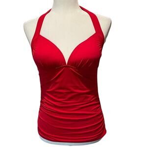 Tommy Bahama Pearl Halter Tankini Swim Top Sz M Red UPF 50 Tummy Control